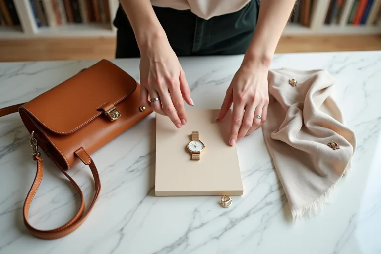 Collection d'accessoires féminins élégants disposés sur marbre blanc dans un appartement parisien