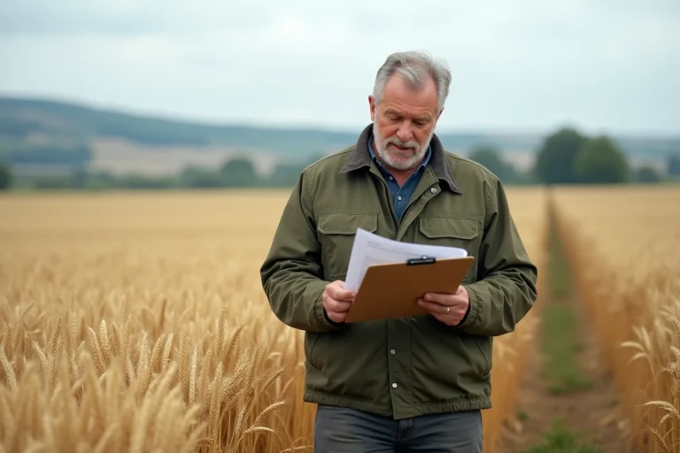 Agriculteur examinant des documents d'assurance au bord d'un champ de blé en milieu rural