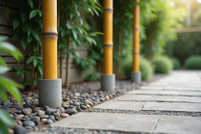 Installation de bambous ancrés dans des manchons en béton le long d'un chemin de gravier dans un jardin aménagé