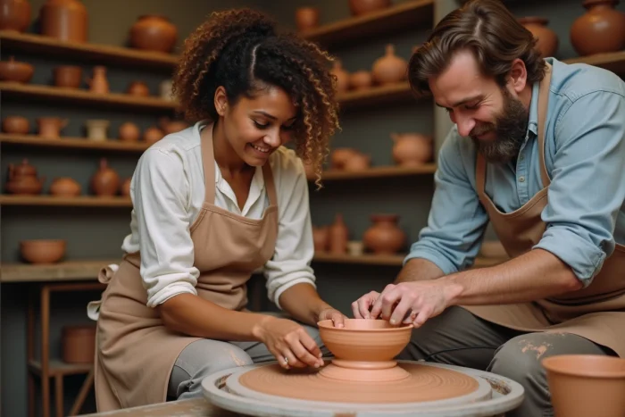 Groupe d'adultes participant à un atelier de poterie dans un studio rustique, mains dans l'argile autour d'un tour de potier