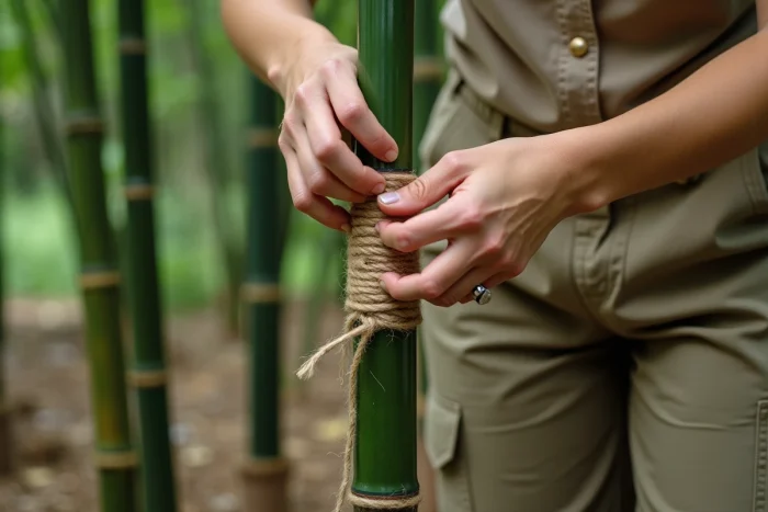 Femme attachant un bambou à un piquet métallique avec de la corde en jute pour une fixation solide et durable