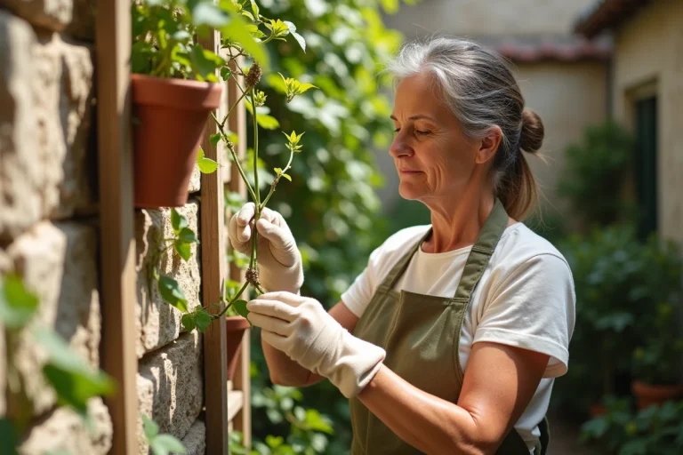 Femme attachant des tiges de jasmin étoilé à un treillis en bois sur un mur en pierre dans un jardin de campagne français