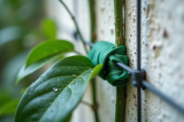 Gros plan sur des tiges de jasmin étoilé attachées à un fil métallique avec du ruban horticole vert sur un mur de jardin