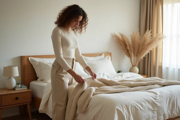 Femme arrangeant un plaid en laine dans une chambre minimaliste lumineuse avec décoration soignée