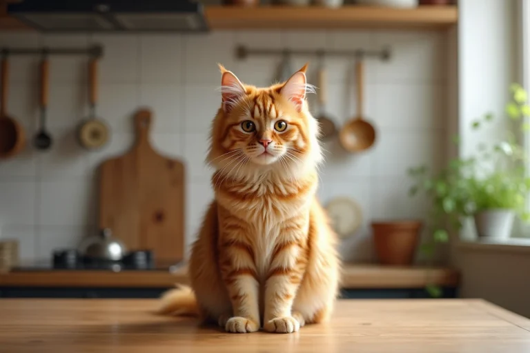 Chat tigré orange assis sur un plan de travail en bois dans une cuisine, regardant l'objectif avec des yeux dorés expressifs