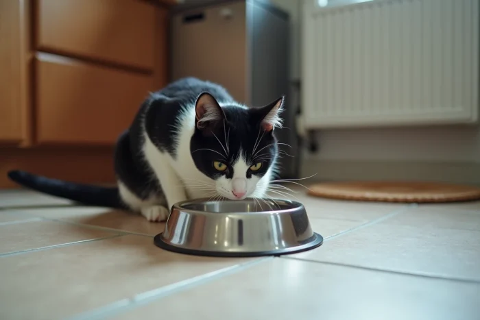 Chat tuxedo noir et blanc penché sur sa gamelle en inox sur un sol carrelé, alimentation et nutrition du chat domestique