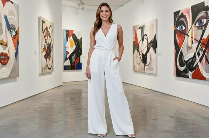 Femme en combinaison pantalon fluide blanche dans une galerie d'art contemporain épurée
