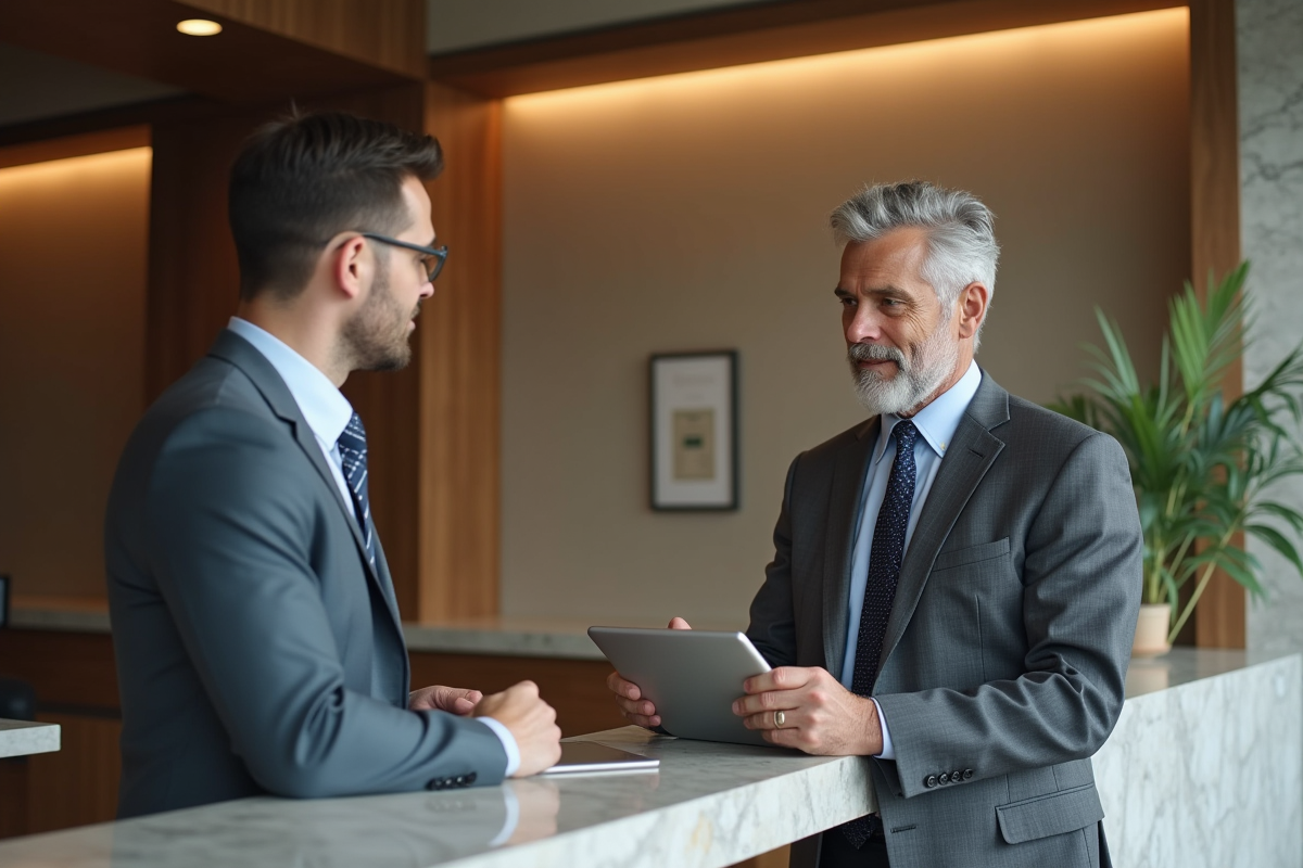 Comptable utilisant une tablette dans une banque