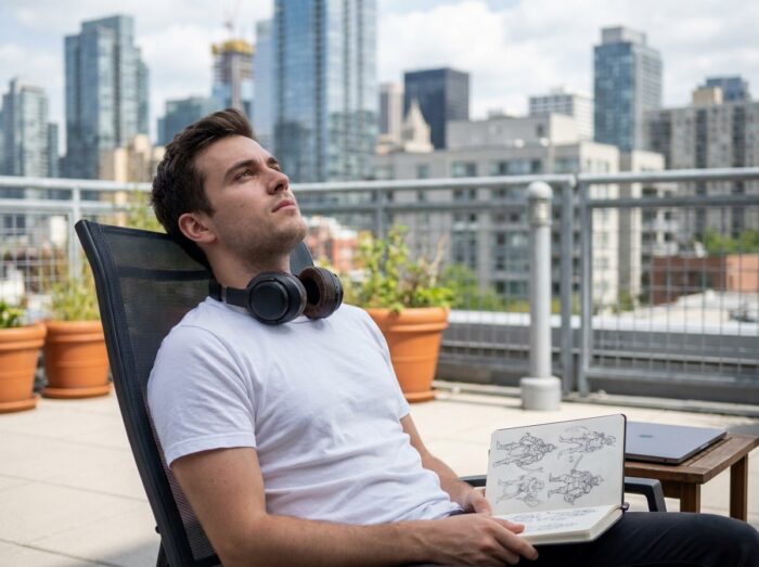 Jeune concepteur de jeux vidéo pensif sur une terrasse de campus tech avec carnet de croquis et vue sur la skyline urbaine