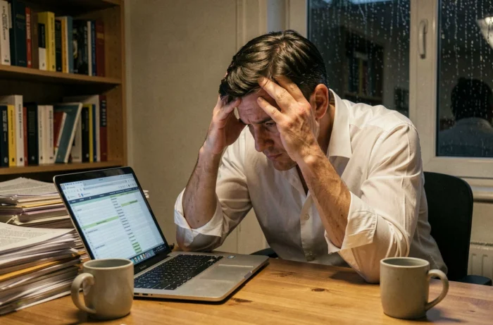 Homme seul face à un dilemme intérieur à son bureau, symbolisant un conflit intrapersonnel ou décisionnel