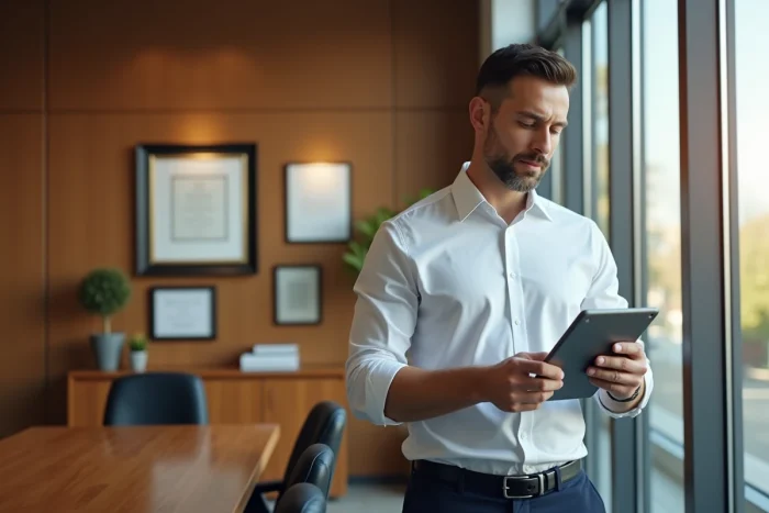 Conseiller juridique masculin consultant une tablette avec des textes réglementaires dans un cabinet professionnel