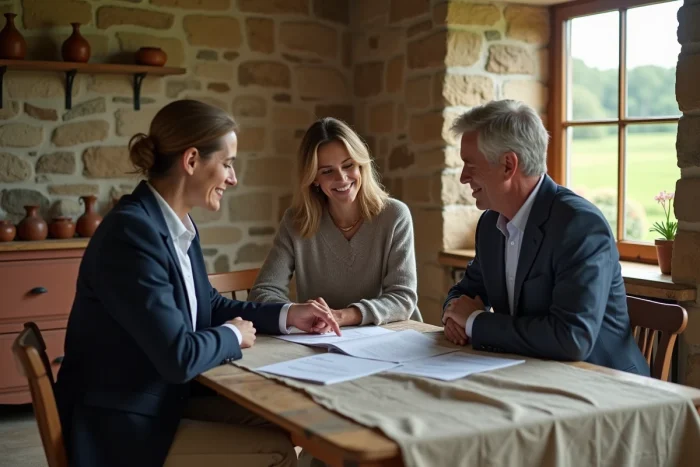 Conseillère en assurance agricole présentant un contrat à un couple d'agriculteurs dans une ferme