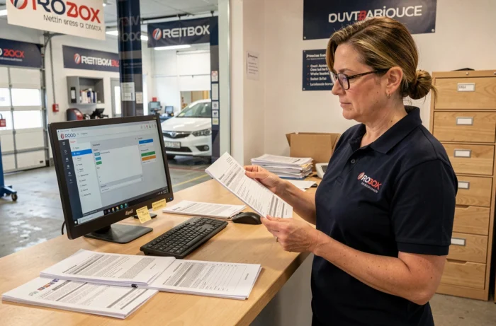 Conseillère de service automobile gérant des ordres de réparation imprimés au comptoir d'accueil d'un atelier