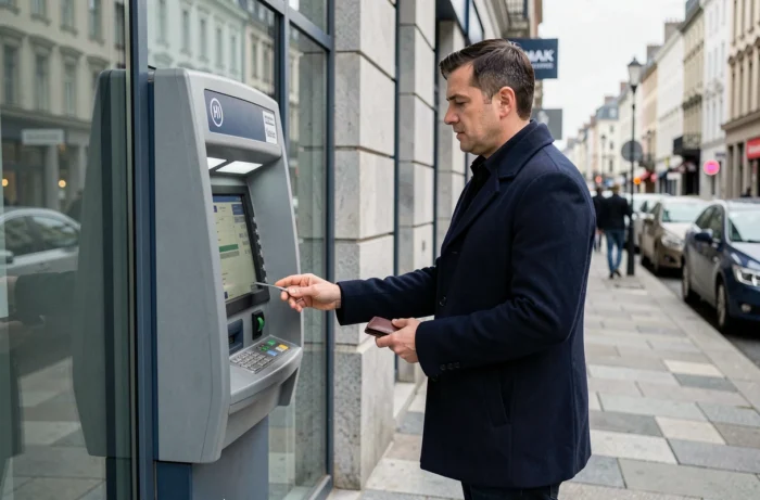 Homme consultant le solde de son compte bancaire à un distributeur automatique en ville
