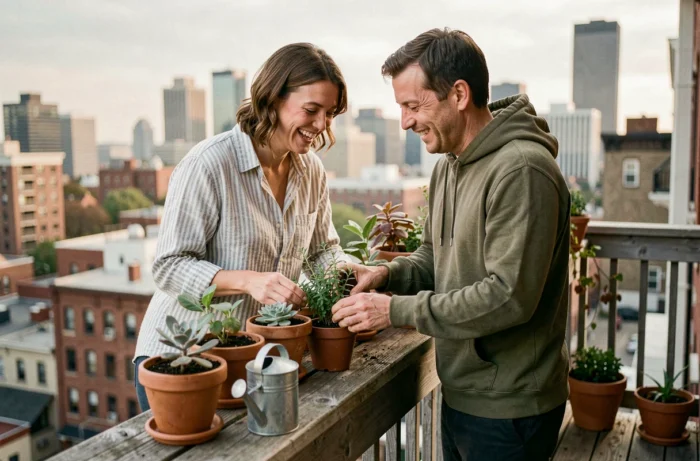 Couple arrangeant des plantes aromatiques et des succulentes sur un balcon urbain en bois, aménagement extérieur appartement