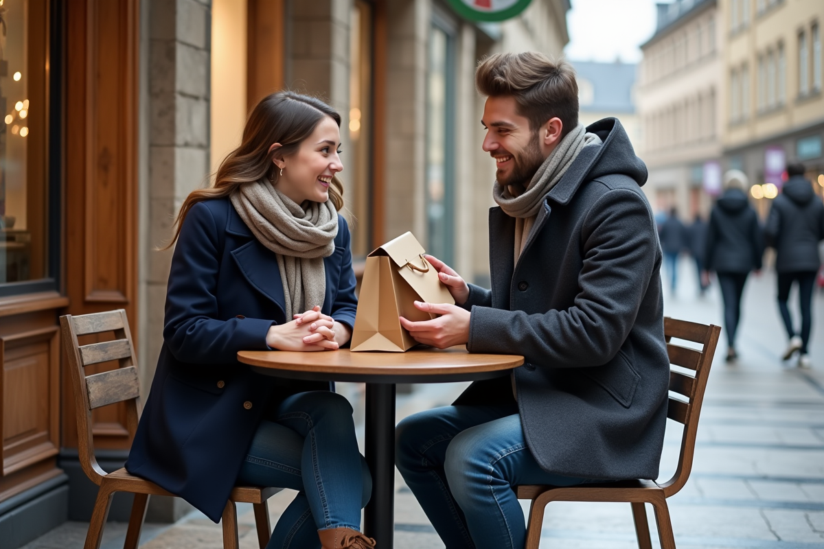 Jeune couple riant dans un café à Strasbourg