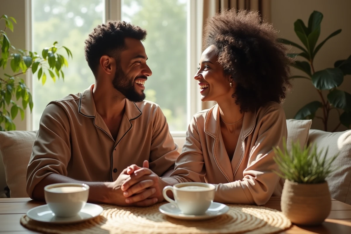 Couple malgache souriant partageant un petit déjeuner en lumière naturelle