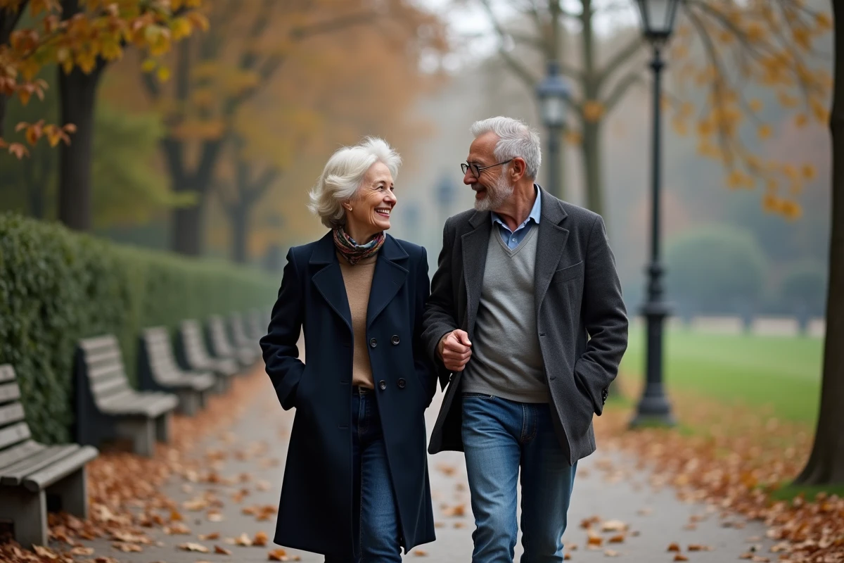 Couple marchant dans un parc parisien en automne avec feuilles