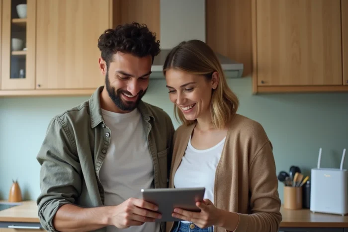 Couple consultant une tablette pour lier leur forfait Free Mobile à leur abonnement Freebox dans leur cuisine moderne
