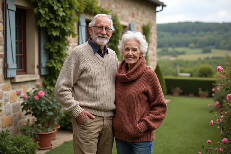 Couple age en Bourgogne devant maison en pierre