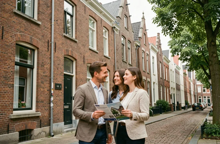 Couple de trentenaires devant une maison de maître en briques rouges à Bruxelles, tenant une brochure immobilière lors de la visite de leur futur bien