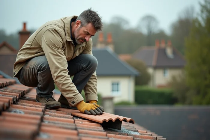 Couvreur professionnel inspectant une tuile fissurée sur un toit de maison individuelle en milieu urbain