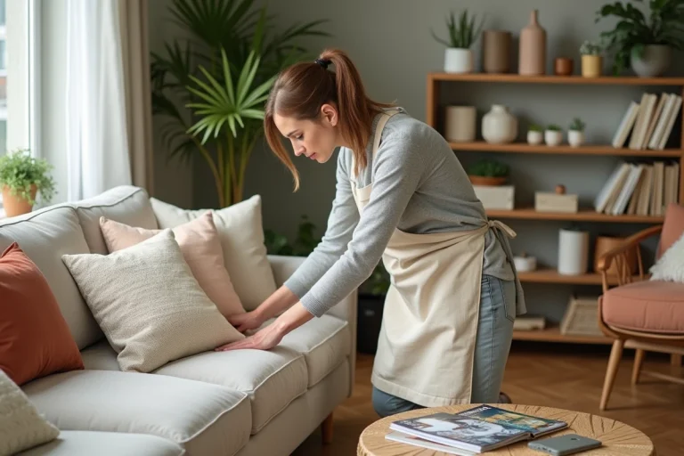 Femme arrangeant des coussins décoratifs sur un canapé dans un salon au style scandinave chaleureux