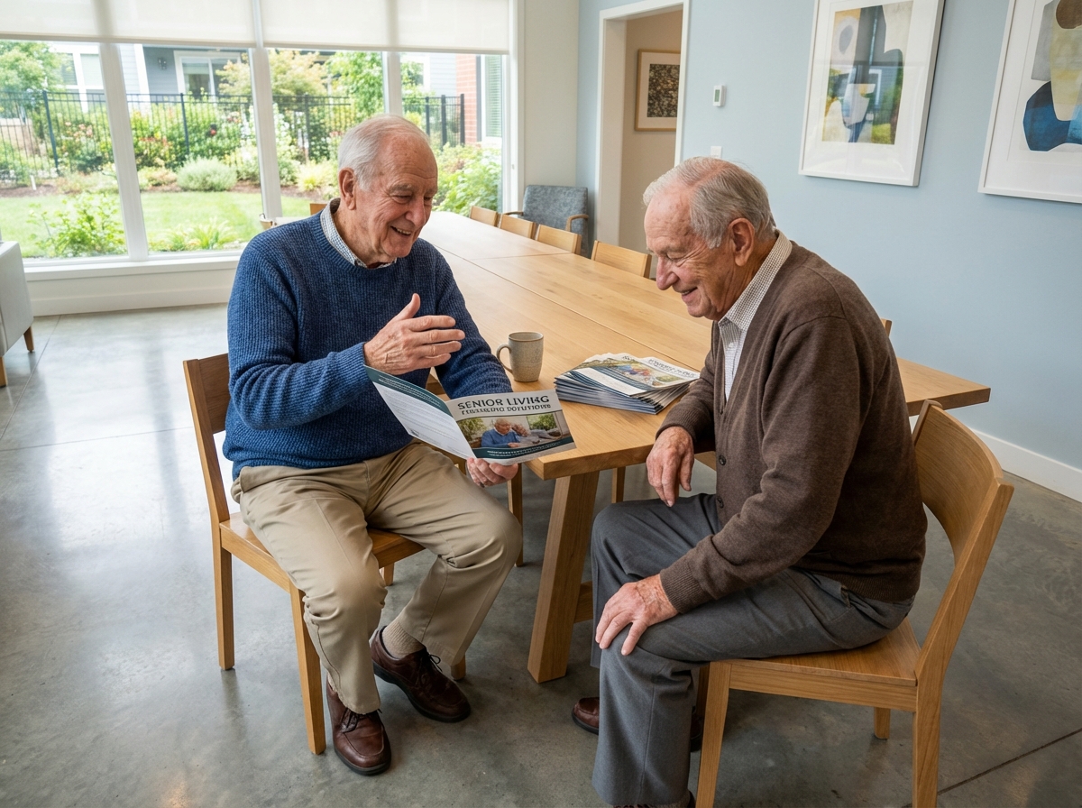 Deux hommes seniors discutant autour de brochures de financement