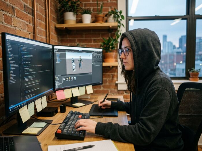 Développeuse de jeux vidéo concentrée devant deux écrans dans un studio de co-working moderne avec vue sur la ville