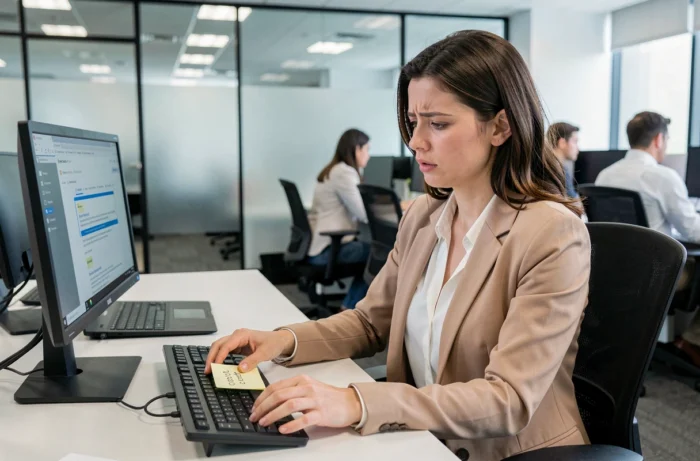 Employée quittant son bureau pour maladie en laissant une note d'absence sur son clavier