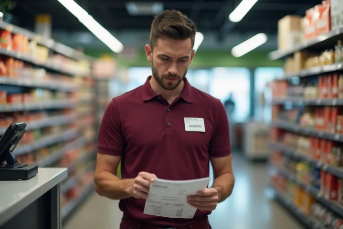 Employé de commerce consultant sa fiche de paie pour vérifier son éligibilité à la prime d'activité