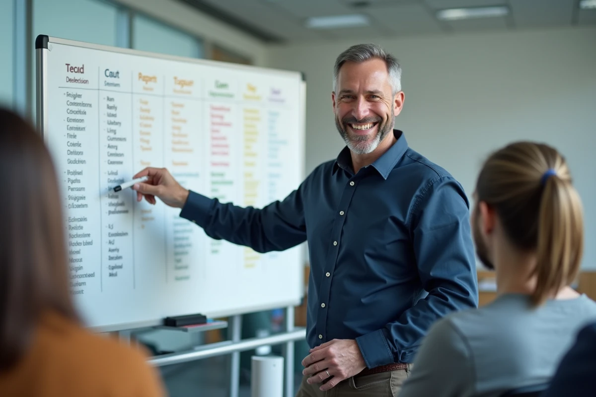 Enseignant en classe pointant un tableau de déclinaison allemande