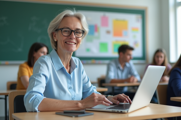 Femme en blouse bleue travaillant à son bureau en classe lumineuse