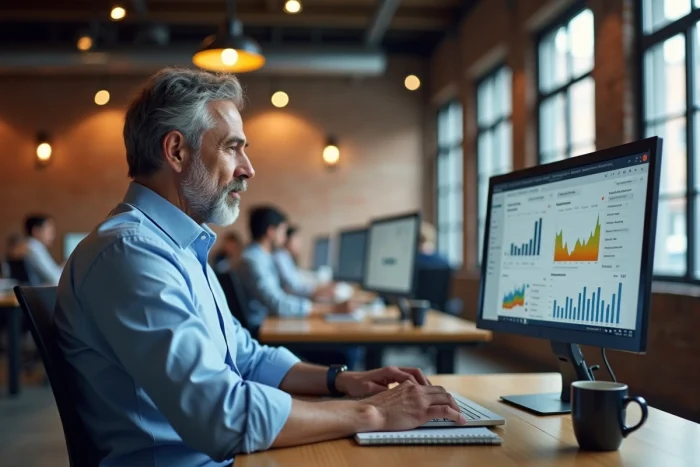 Entrepreneur concentré utilisant des outils SaaS et CRM pour optimiser la croissance de son entreprise B2B