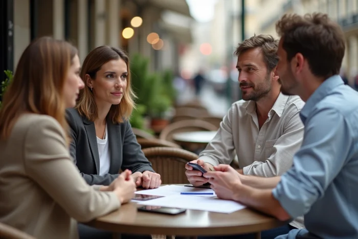 Entretien d'embauche d'une nounou avec des parents dans un café parisien
