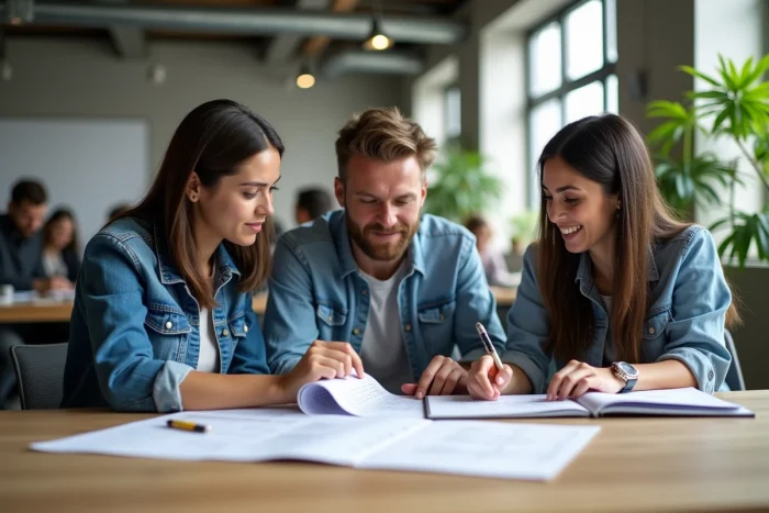 Groupe de collègues analysant ensemble les nouvelles obligations légales 2025 dans un espace de coworking