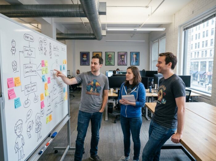 Équipe de développeurs de jeux vidéo collaborant autour d'un tableau blanc dans un bureau créatif de startup