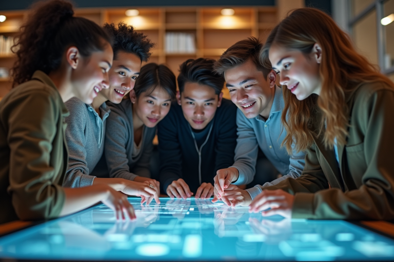 Groupe d'étudiants autour d'une table numérique moderne