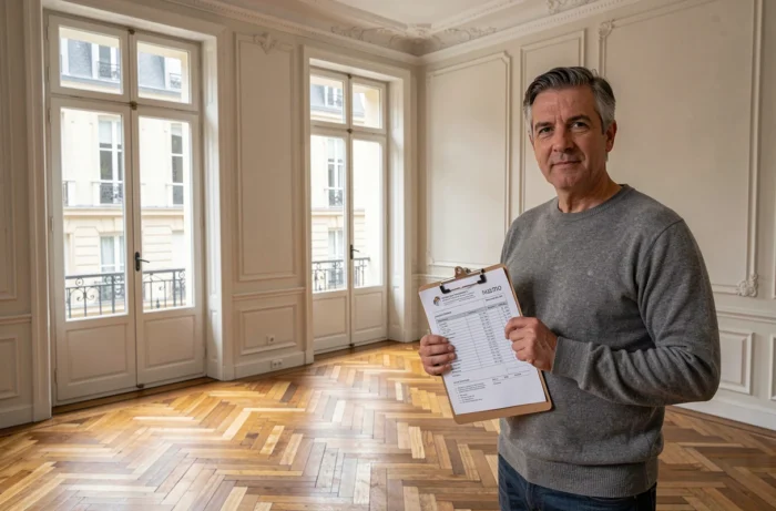 Propriétaire évaluant son appartement haussmannien avant une vente immobilière à Lyon