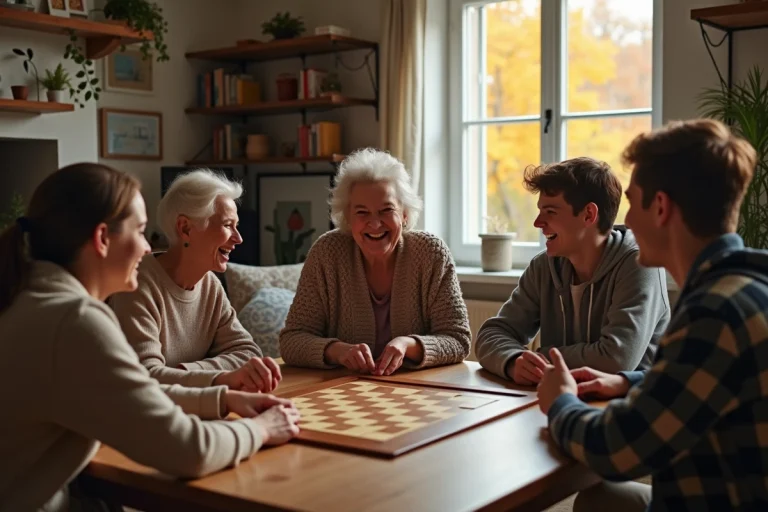 Famille multigénérationnelle jouant à un jeu de société ensemble, grand-mère et adolescents autour d'une table en bois dans un salon chaleureux