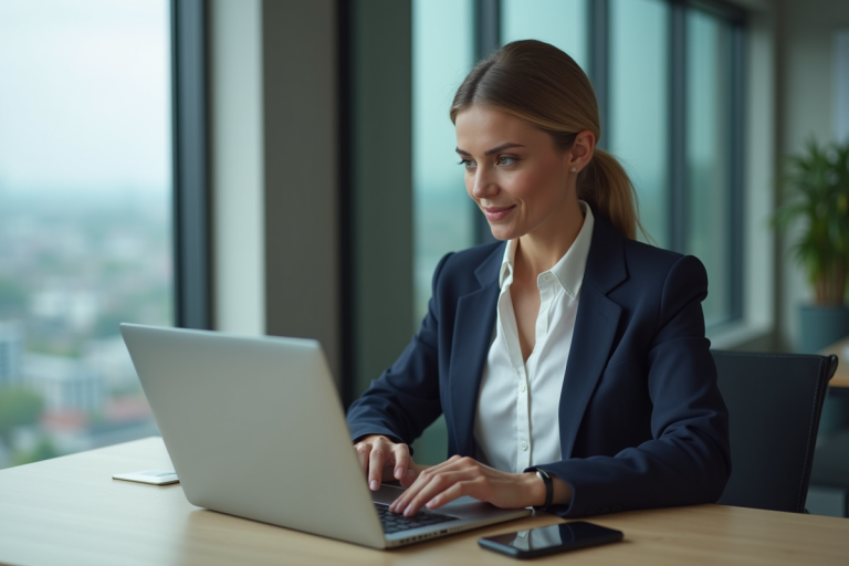 Femme d'affaires en blazer navy au bureau moderne
