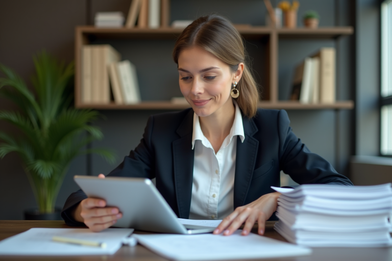 Femme d'affaires lisant des documents numériques sur tablette