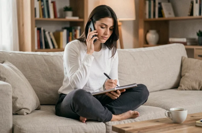 Jeune femme en télétravail passant un appel sur smartphone et prenant des notes depuis son salon