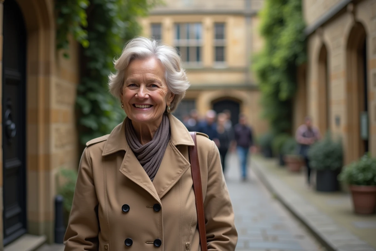 Femme marchant dans une rue historique de Cambridge