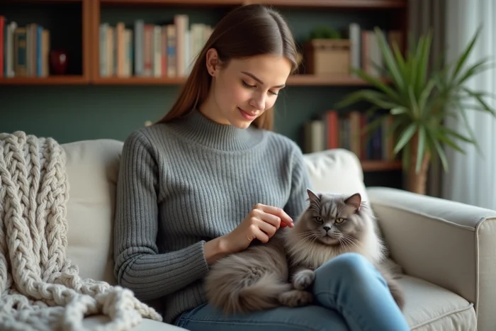 Jeune femme brossant un chat persan gris sur ses genoux dans un salon cosy, soin et entretien du pelage félin