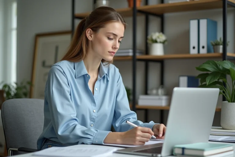 Jeune femme concentrée travaillant sur son ordinateur dans un bureau moderne
