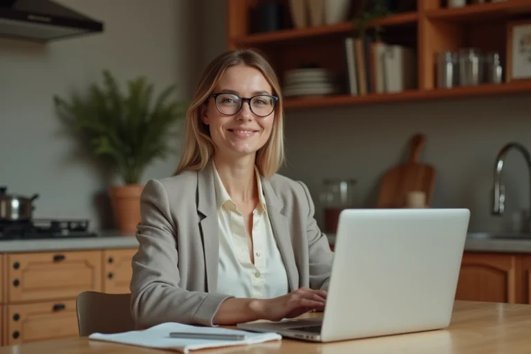 Femme souriante travaillant sur son ordinateur à la maison