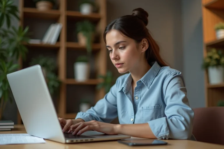 Jeune femme concentrée sur son ordinateur dans un bureau cosy