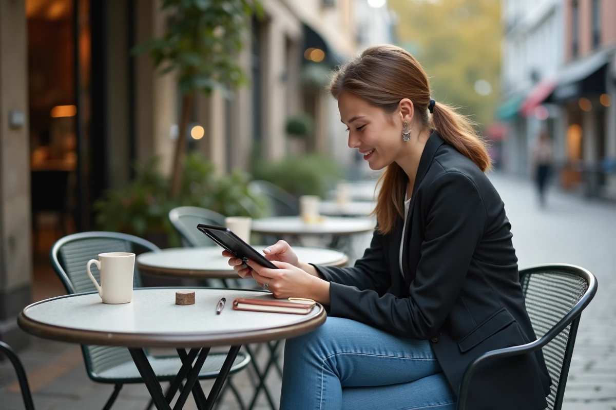 Femme au café étudiant des graphiques d