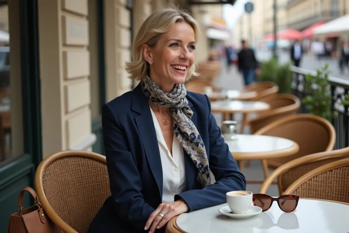 Femme chic en terrasse de café parisien avec foulard en soie et lunettes écaille tendance